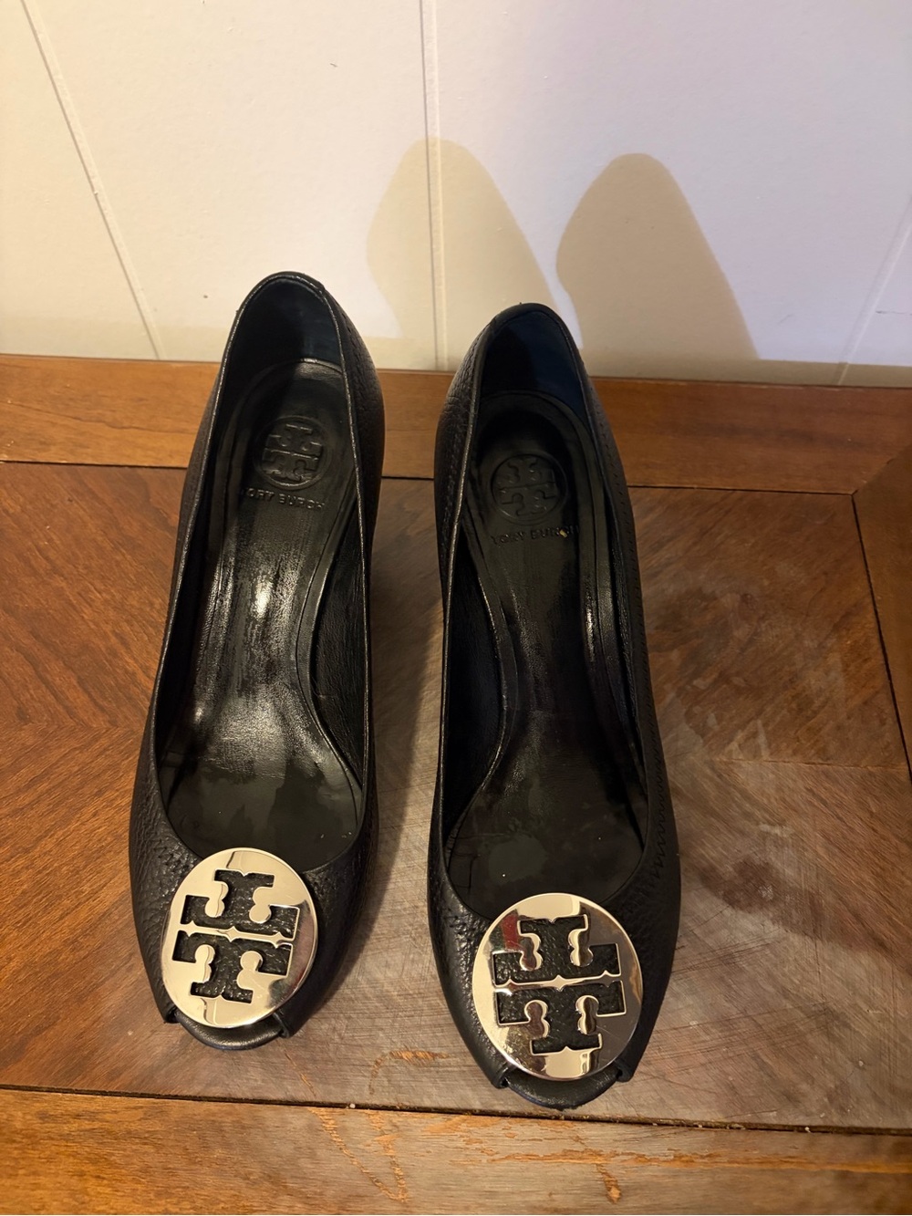 Tory Burch Black Leather Heels with Silver Logo Medallion